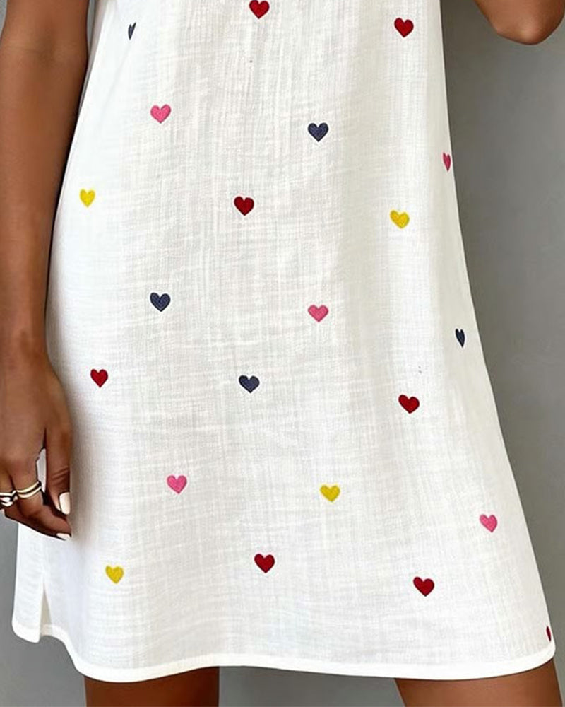 Tivoria - Women's short V-neck dress with heart print, cotton, linen, short sleeves