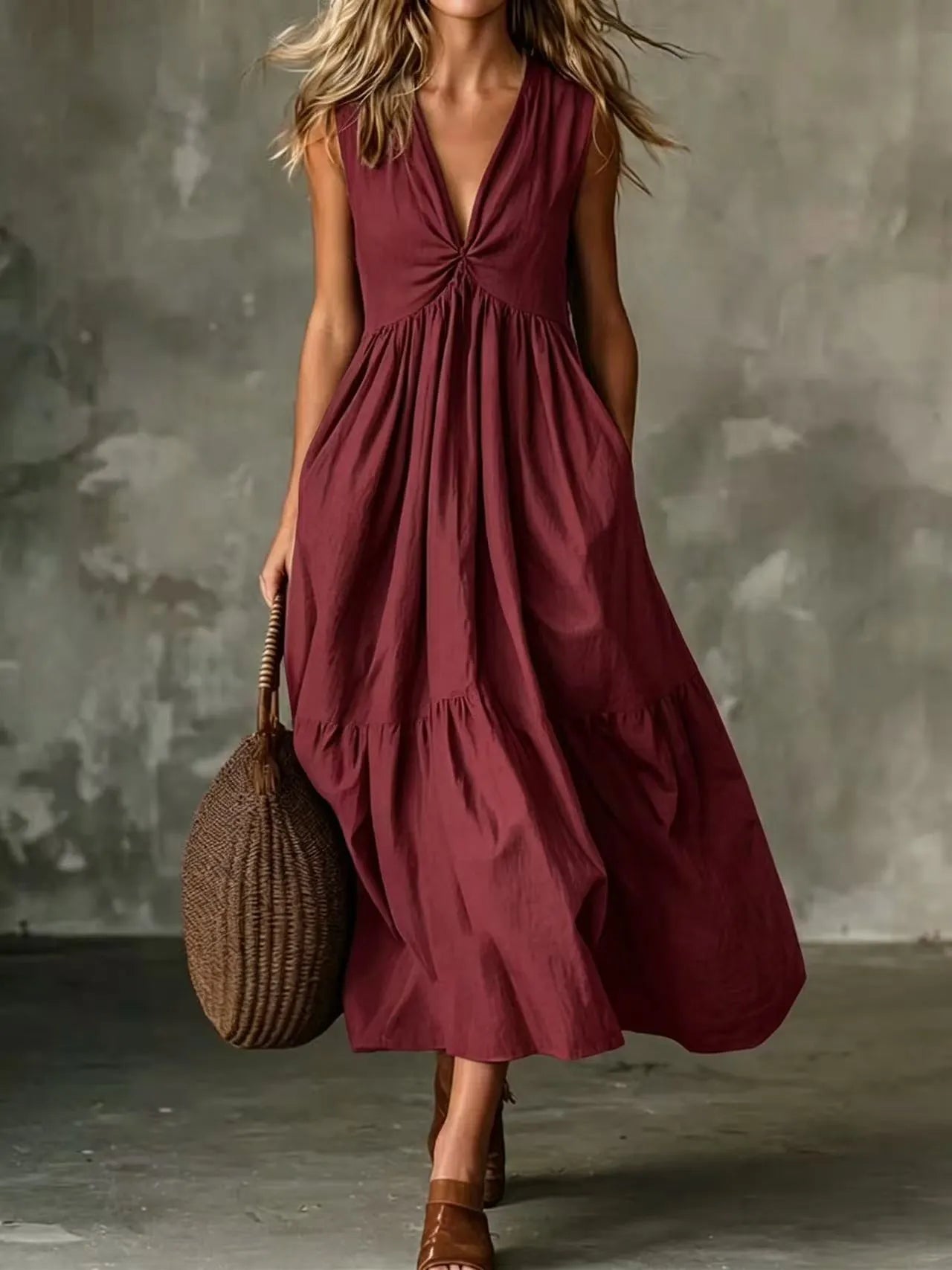 Leocadia - Robe midi femme sans manches à col V avec poches