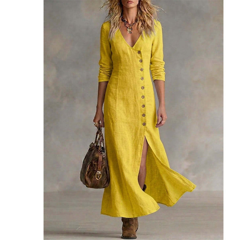 Quinalisse - Elegant Vintage Long Sleeve Midi Shirt Dress