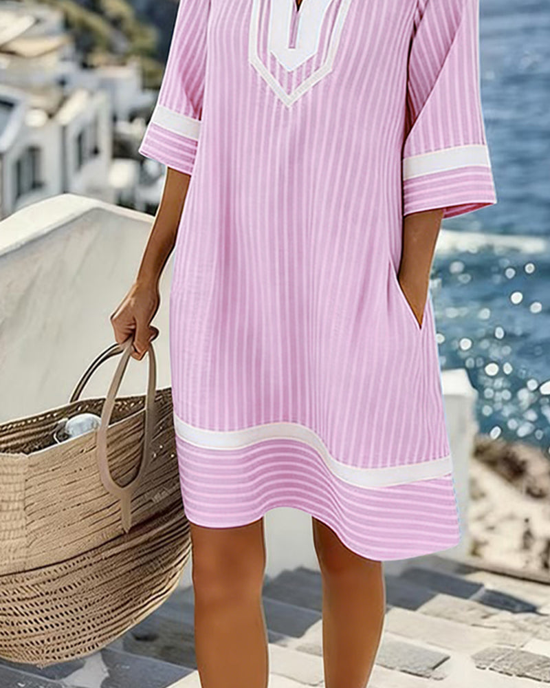 Telyxa - Women's Flowy Striped V-Neck Summer Dress