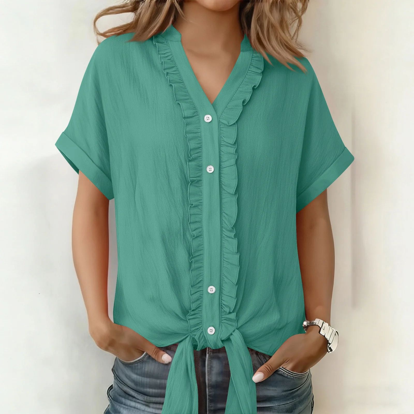 Kalyxa - Women's Cotton V-neck Short Sleeve Tie-front Summer Shirt