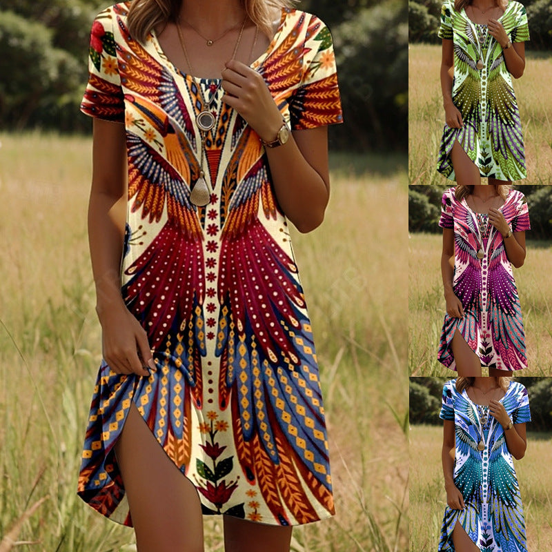 Nivara - Round Neck Dress with Indian Print and Short Sleeves