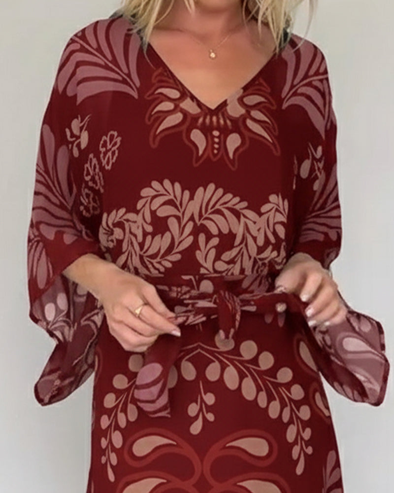 Praxellea - Women's Boho Maxi Dress Loose V-Neck Elegant Leaf Print