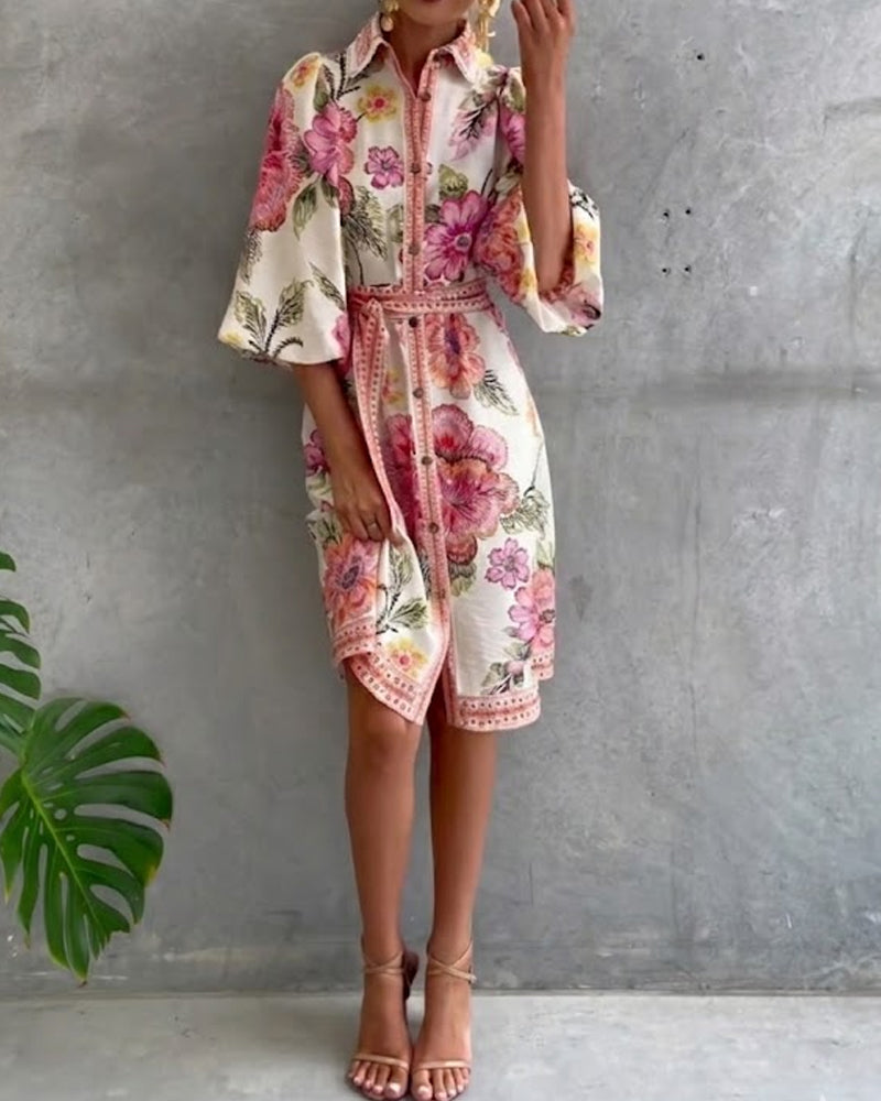 Glyssara - Women's Elegant Floral Dress with Lantern Sleeves and Buttons