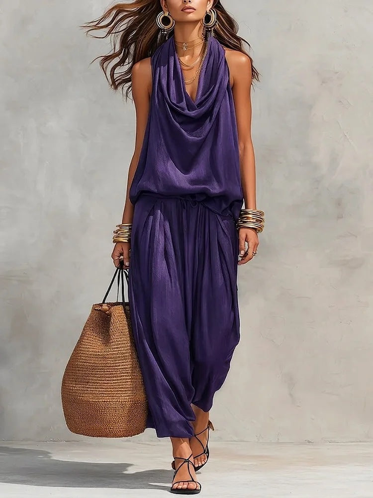 Qyraxa - Elegant two-piece flowing polyester women's set for summer evenings