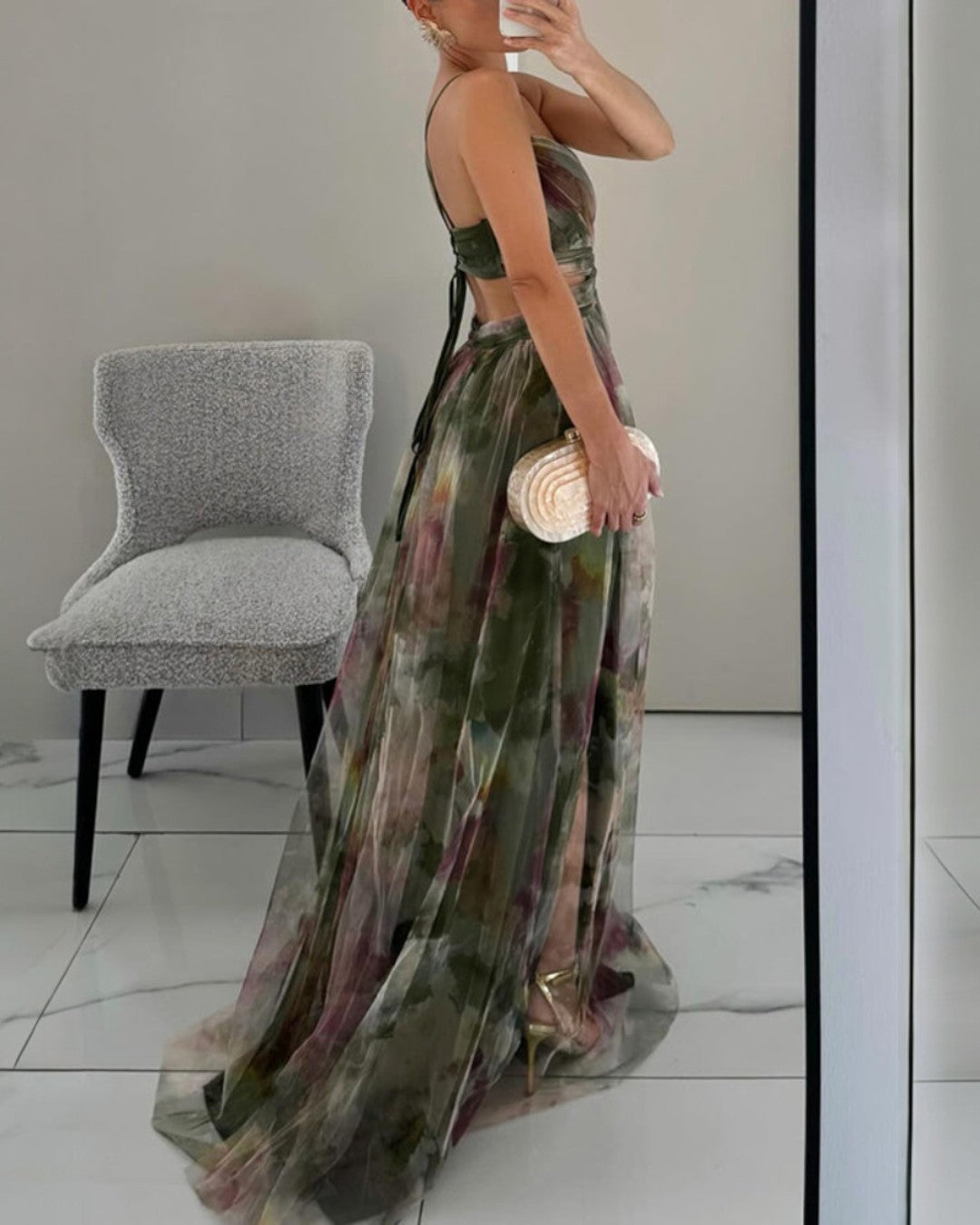 Helena - Women's Flowy Maxi Dress V-Neck Thin Straps Floral Elegance