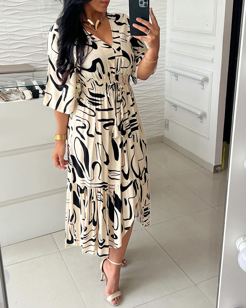 Sanae - Elegant Print V-Neck Dress