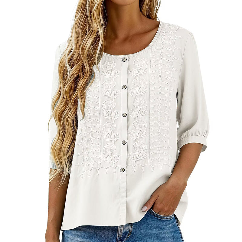 Sorivelle - Women's 3/4-Sleeve Cotton and Linen Embroidered Blouse