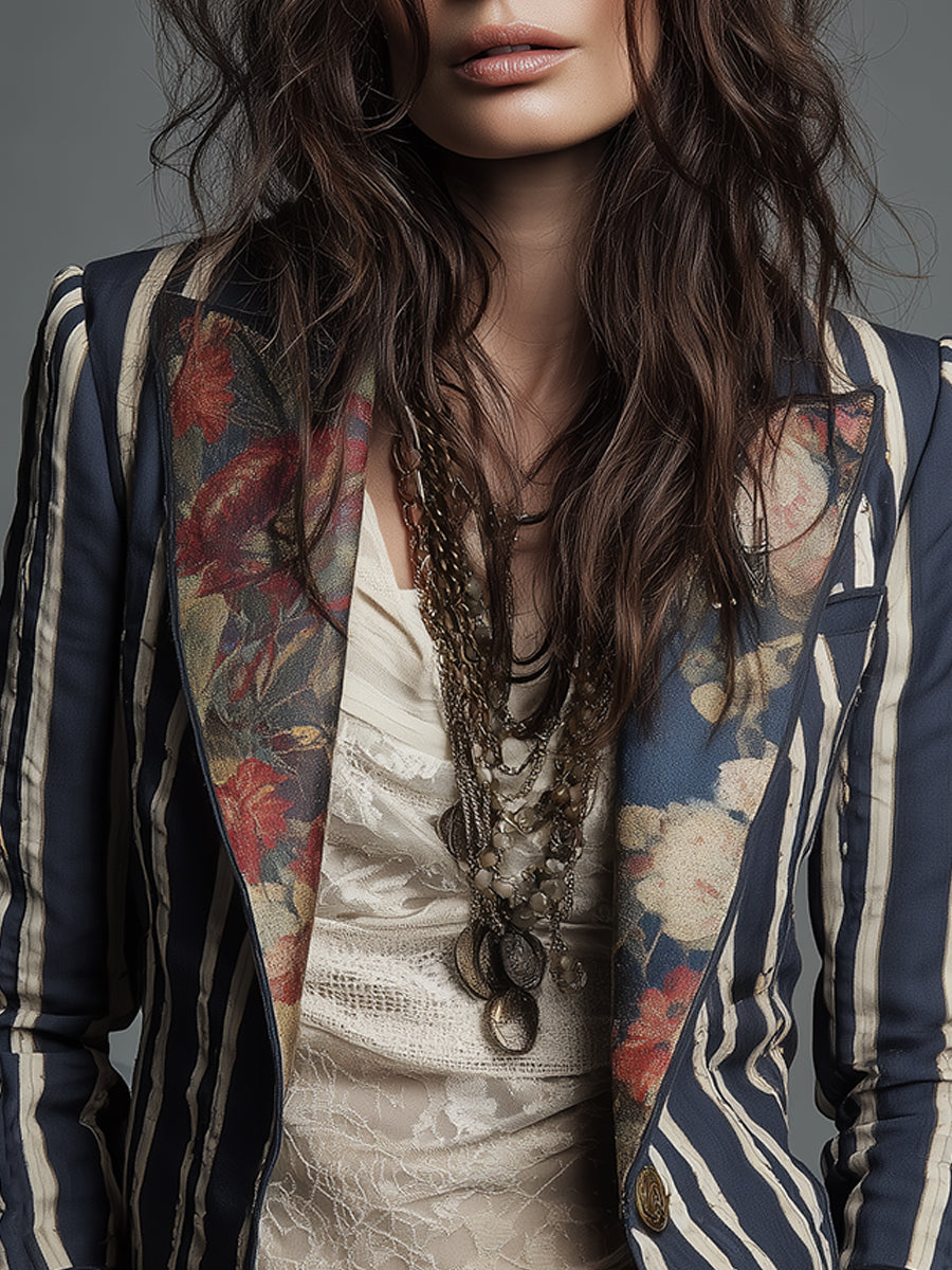 Avenorix - Chic Vintage Floral Print Bohemian Striped Women's Blazer