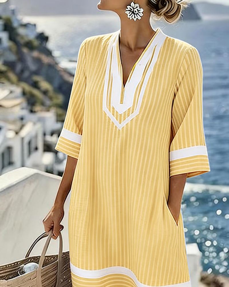 Telyxa - Women's Flowy Striped V-Neck Summer Dress