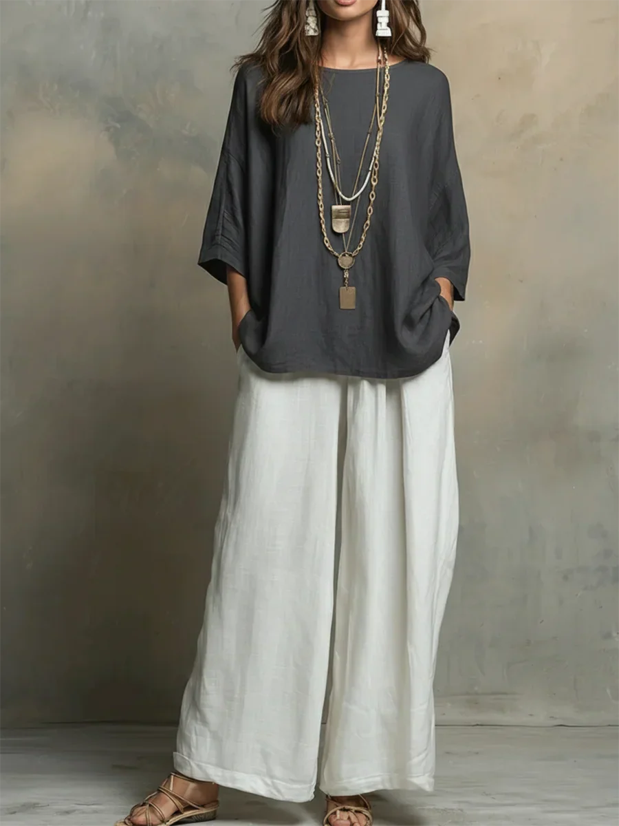 Tyvella - Women's Two-Piece Linen Outfit Loose Fit Wide Leg Pants