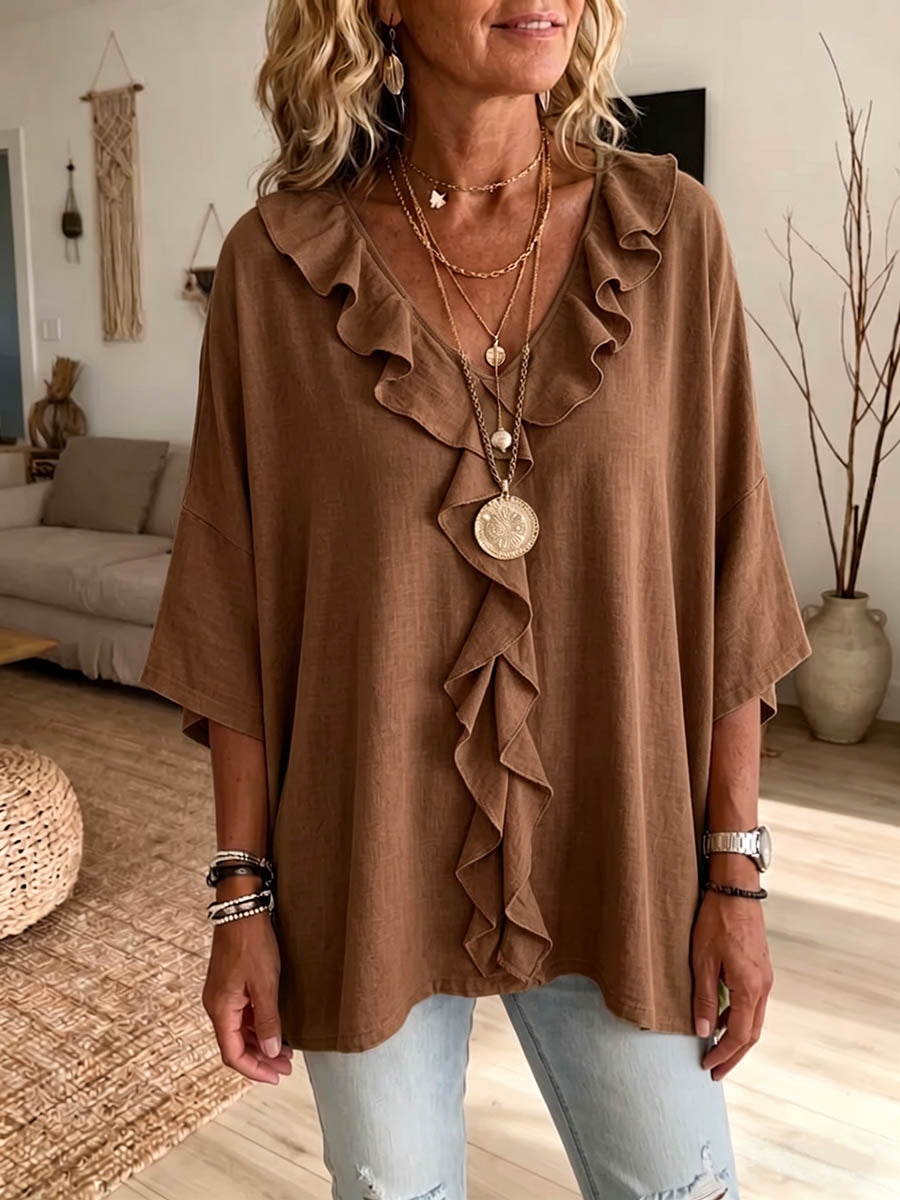 Hynorae - Women's Loose V-Neck Ruffle Lightweight Top for Daily Chic