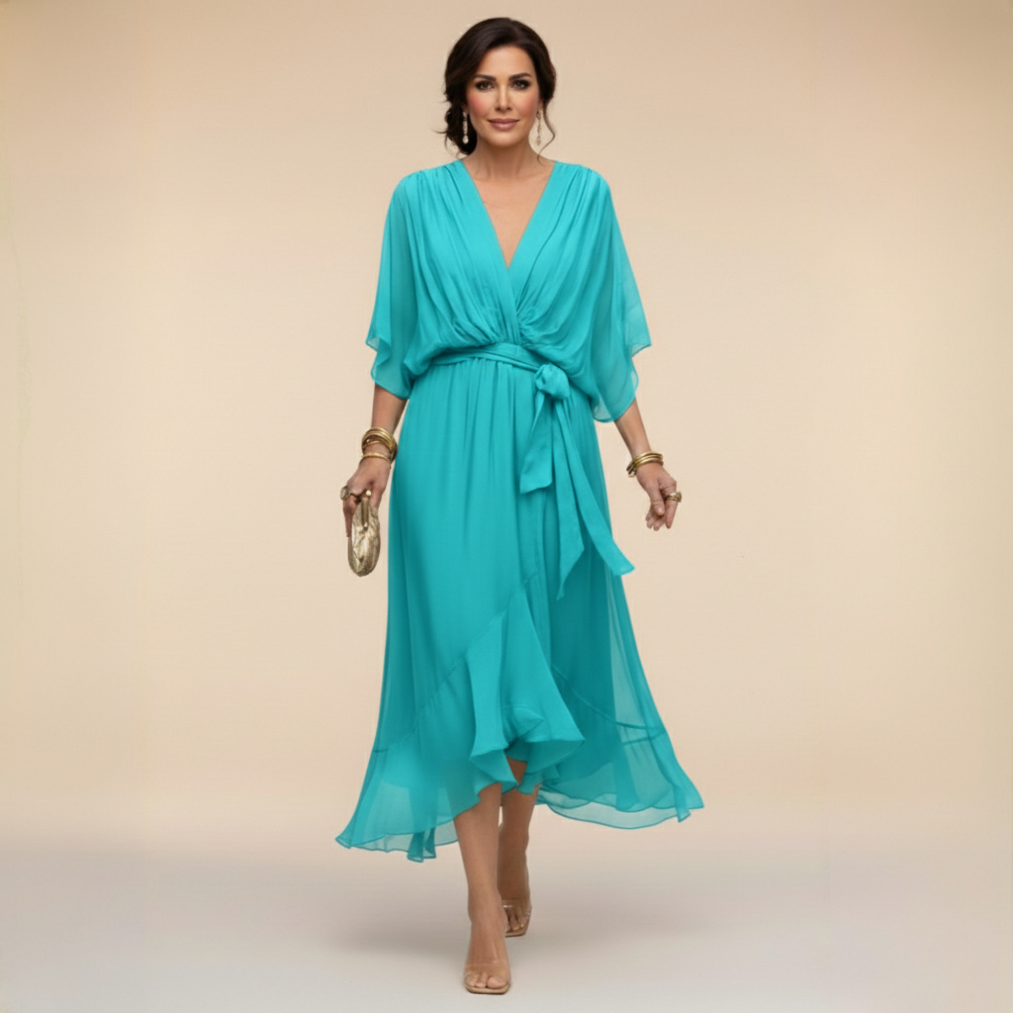 Lazira - Women's flowing midi dress with V-neck, wide sleeves, and elegant belt
