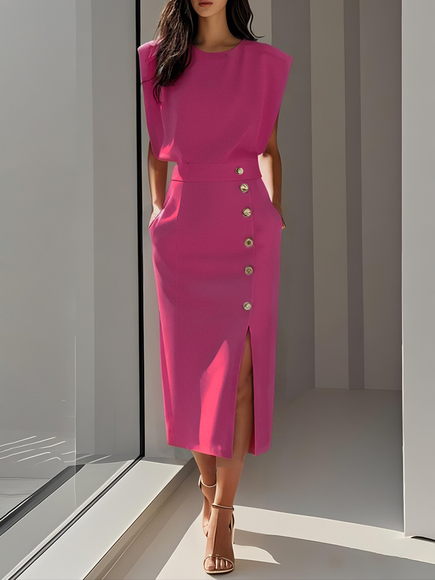 Floralia - Plain midi dress with button slit and round neckline