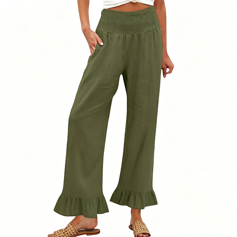Dorexa - Women's High-Waisted Smocked Wide Leg Boho Cotton Linen Trousers