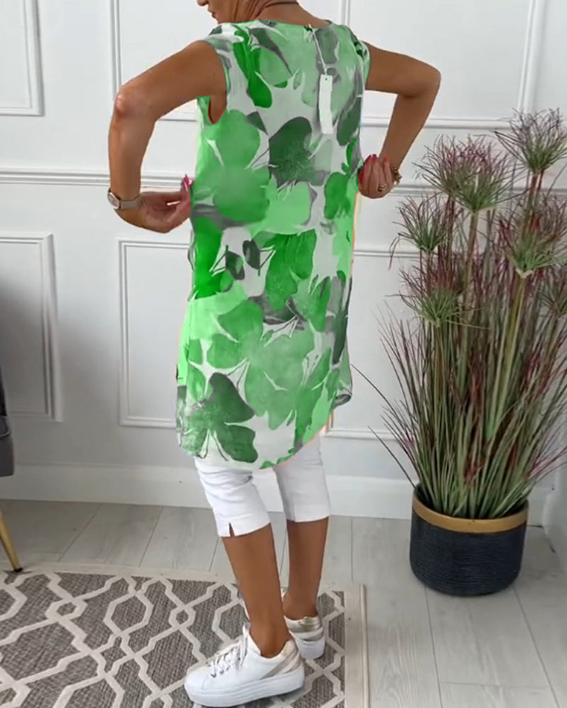 Anita - Women's green printed flowy short-sleeved loose-fitting dress