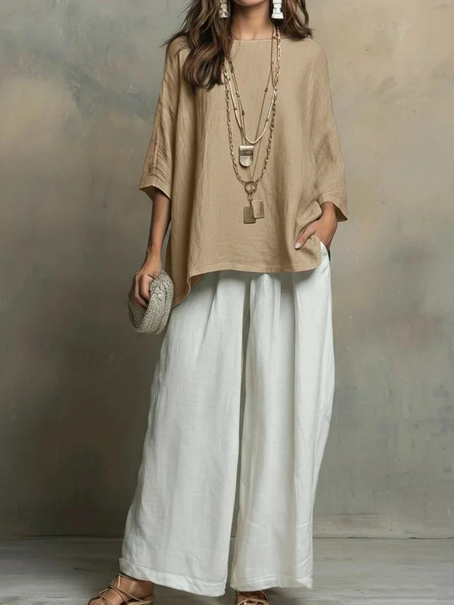 Tyvella - Women's Two-Piece Linen Outfit Loose Fit Wide Leg Pants