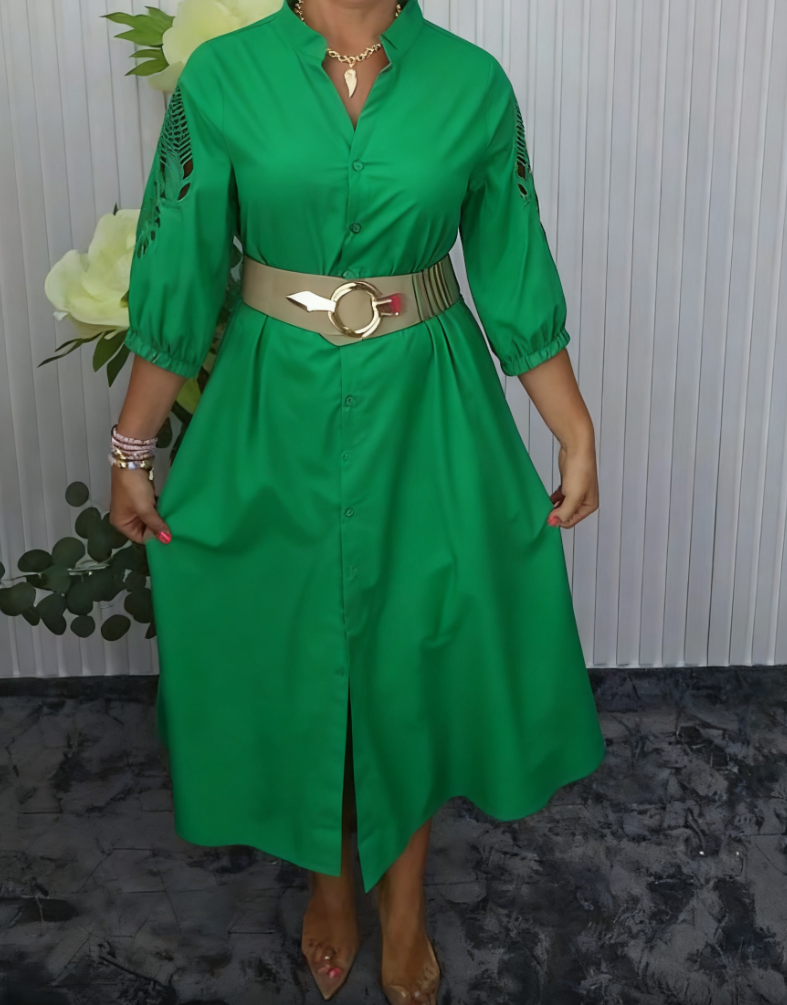 Mavellea - Women's elegant shirt dress with belt, flowing midi cut