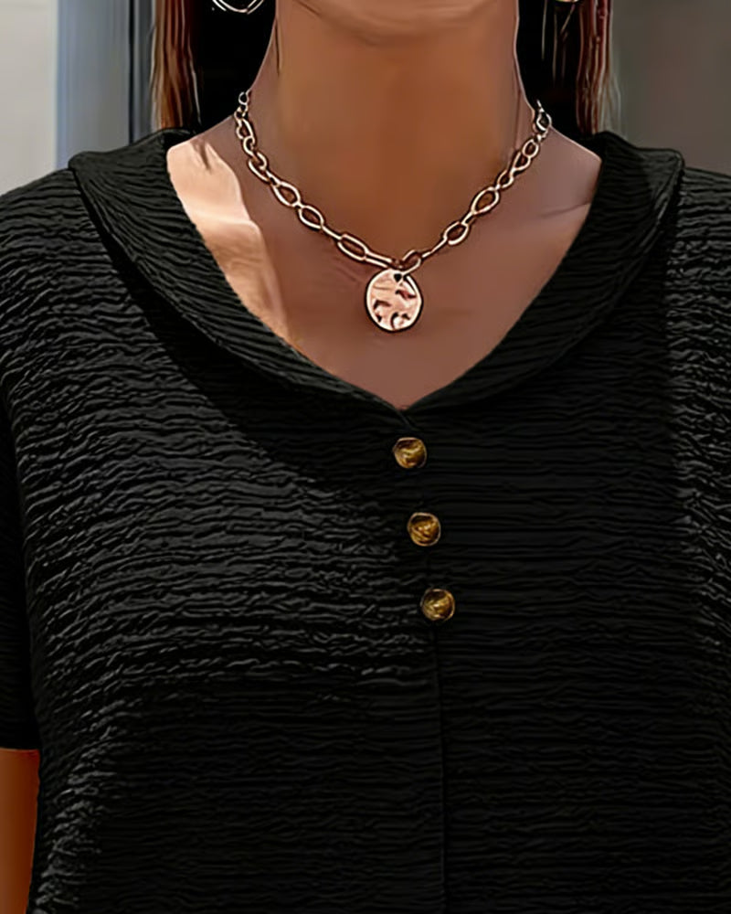 Syzelle - Women's textured round neck short sleeve t-shirt with decorative buttons, elegant