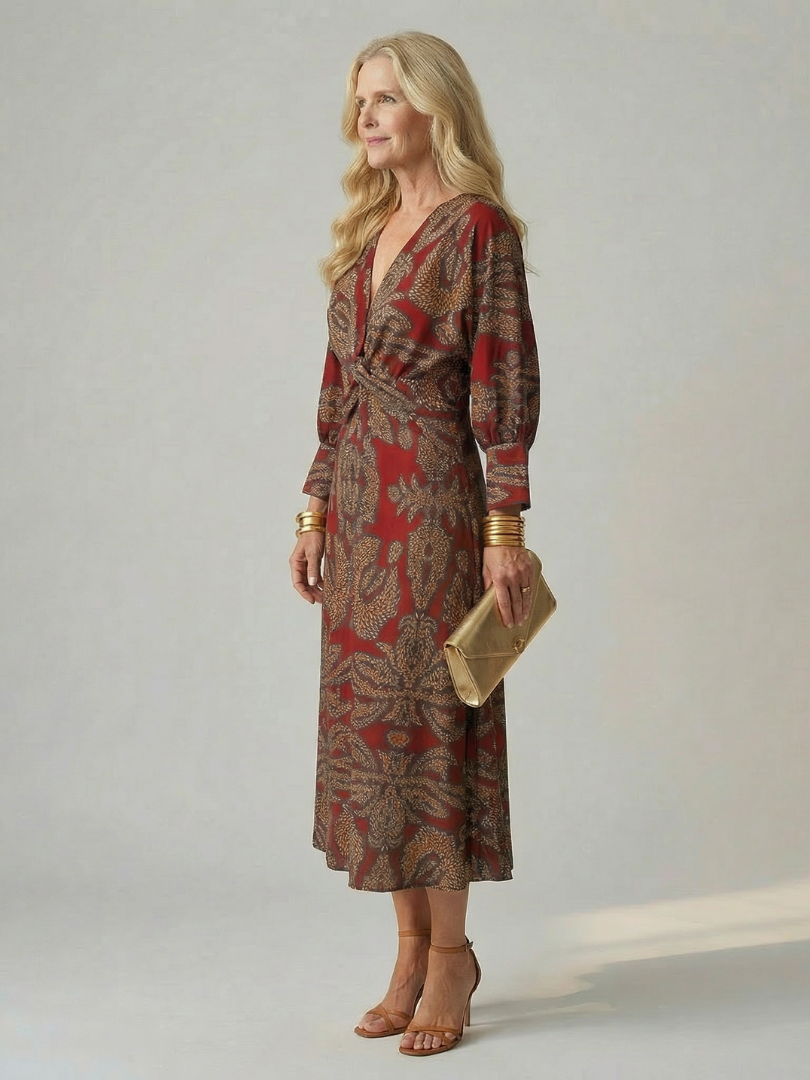 Falune - Women's elegant printed wrap midi dress with a fitted waist