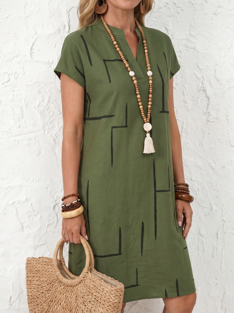 Olivrixa - Women's mid-length abstract print cotton linen casual dress