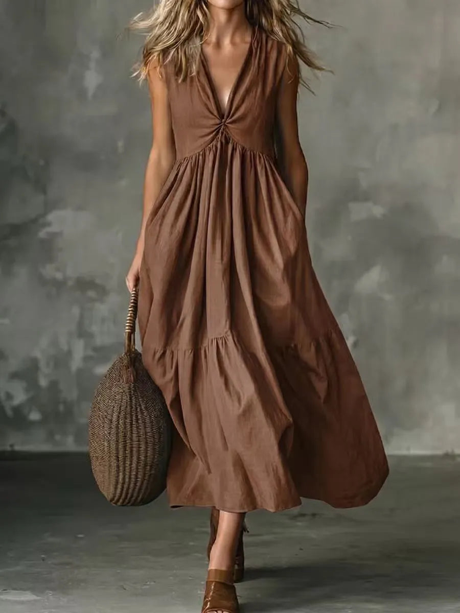 Leocadia - Robe midi femme sans manches à col V avec poches