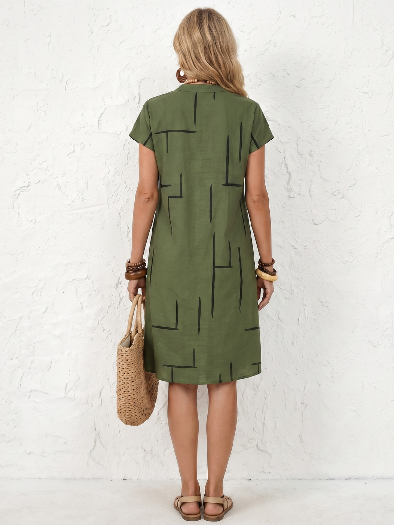 Olivrixa - Women's mid-length abstract print cotton linen casual dress