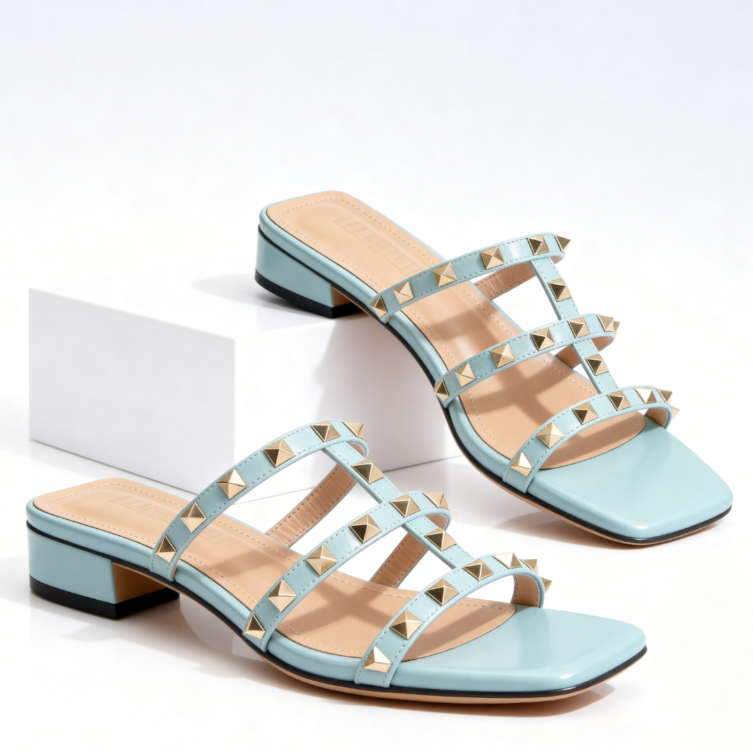Frovelle - Women's studded leather sandals with comfortable sole and low heel, chic style
