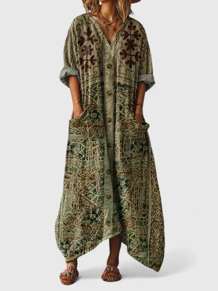Grazelle - Elegant Bohemian Style Flowy Printed Long Dress