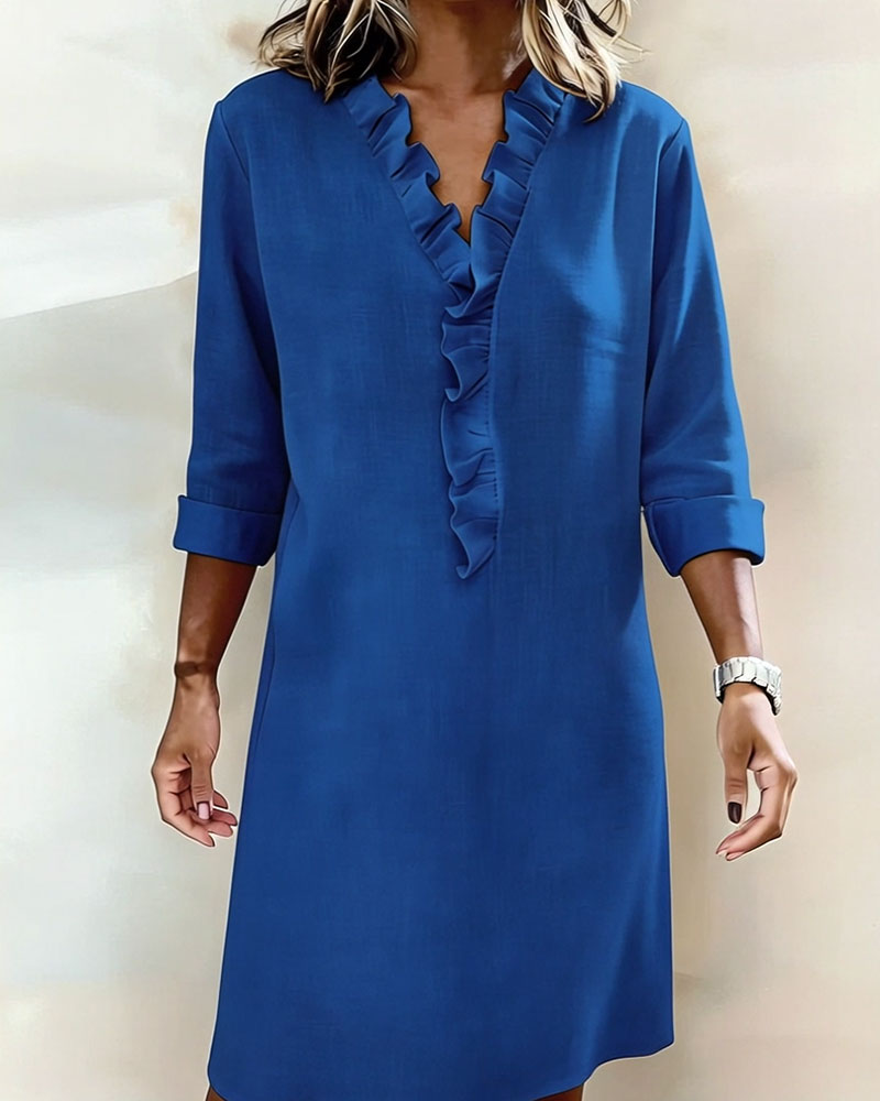 Ophivyn - Women's V-neck ruffle straight cut casual dress