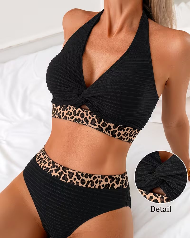 Cavirae - Women's High-Waisted Leopard Print Bikini with Contrasting Band and Flattering Cut