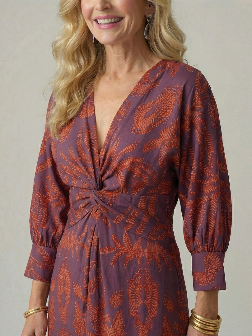 Falune - Women's elegant printed wrap midi dress with a fitted waist