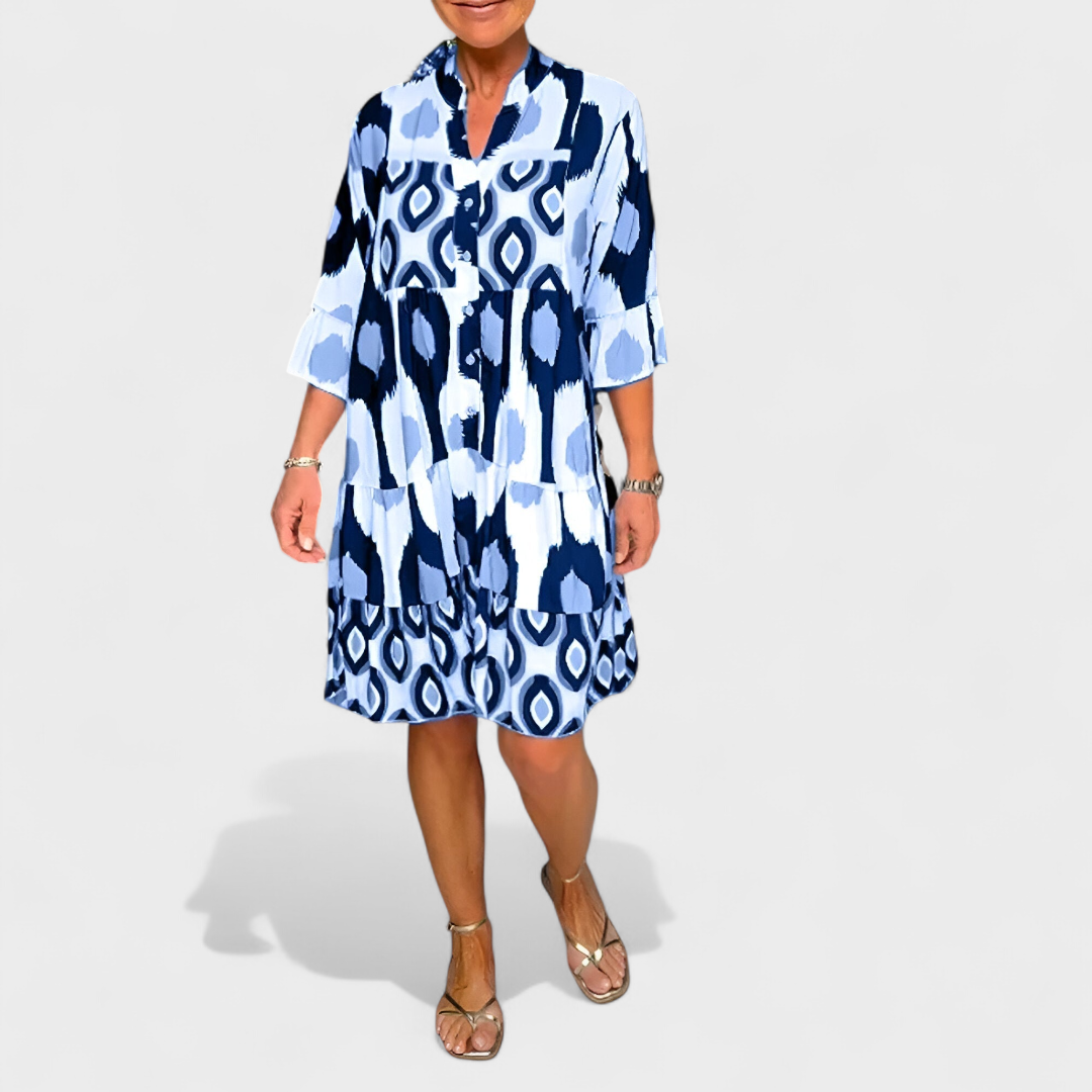 Jorvane - Women's loose-fitting geometric print V-neck dress with sleeves