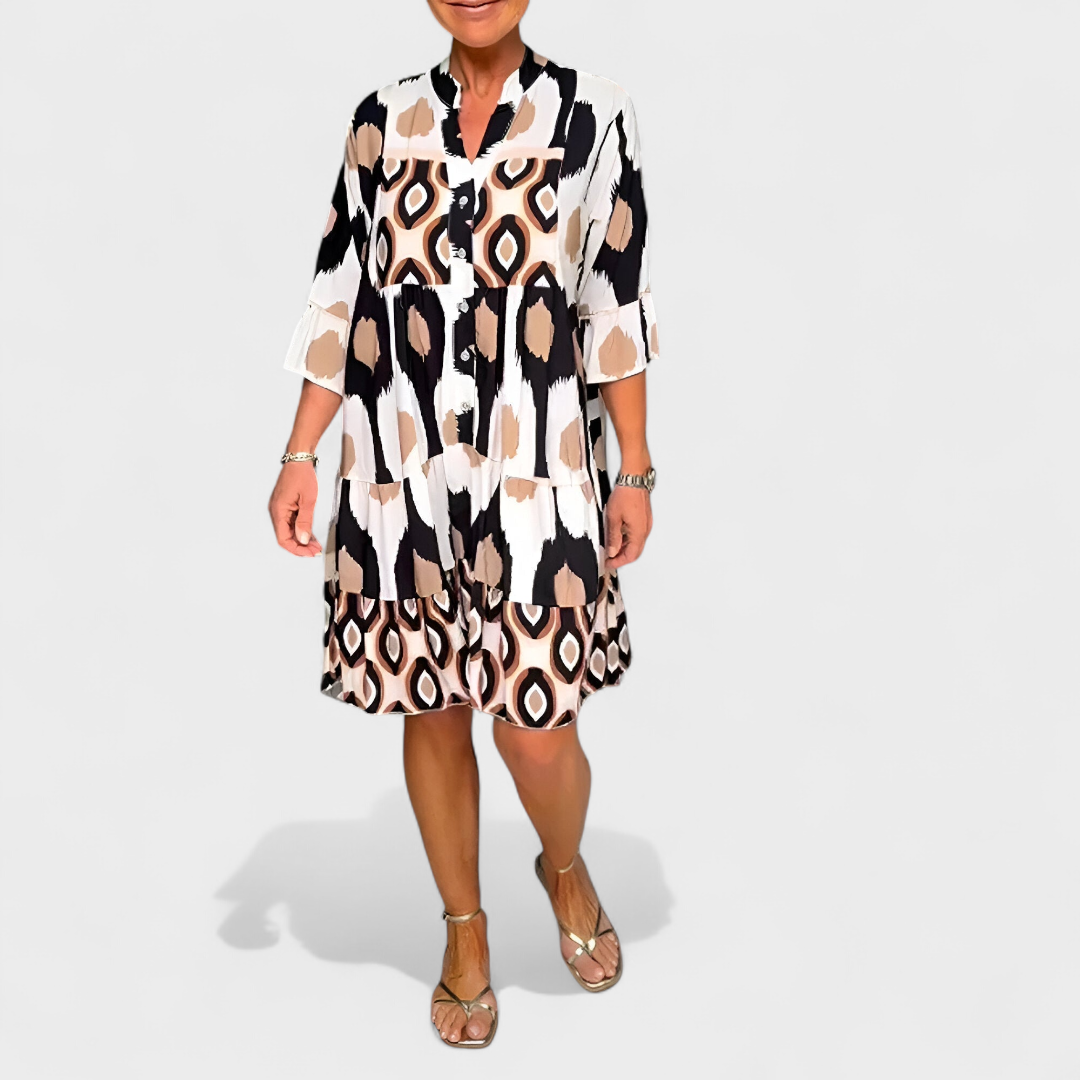 Jorvane - Women's loose-fitting geometric print V-neck dress with sleeves