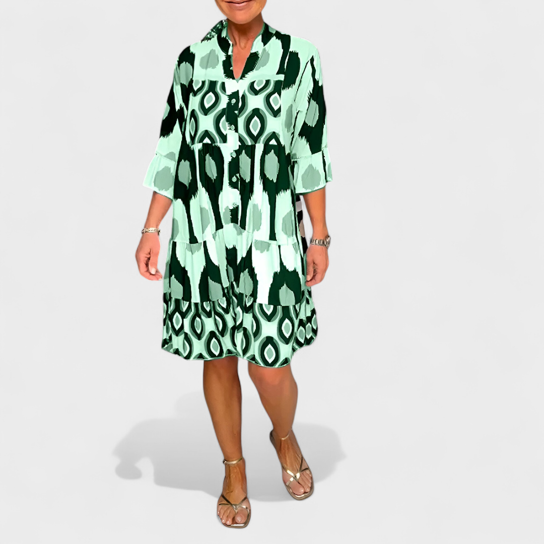 Jorvane - Women's loose-fitting geometric print V-neck dress with sleeves