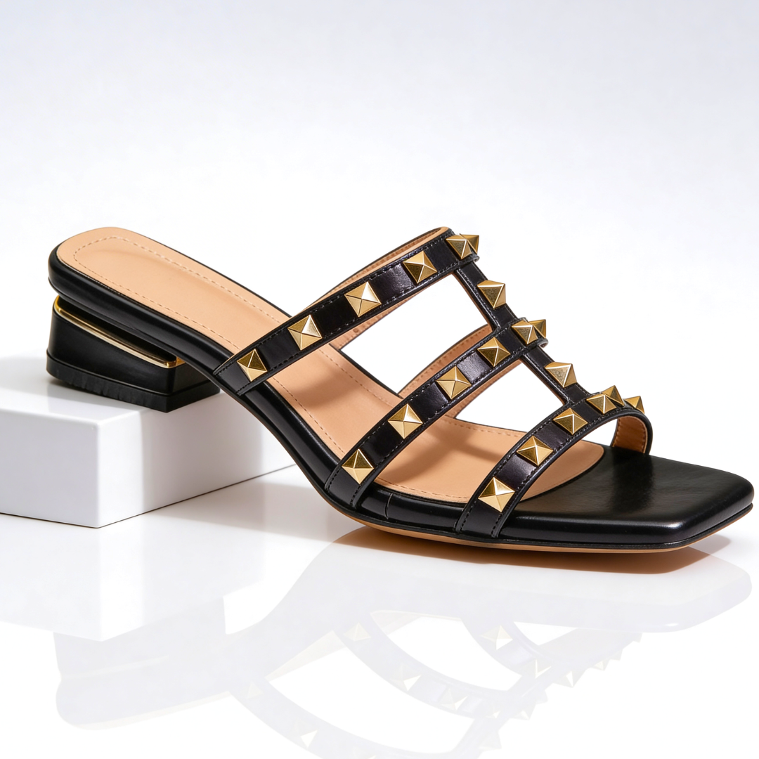 Frovelle - Women's studded leather sandals with comfortable sole and low heel, chic style