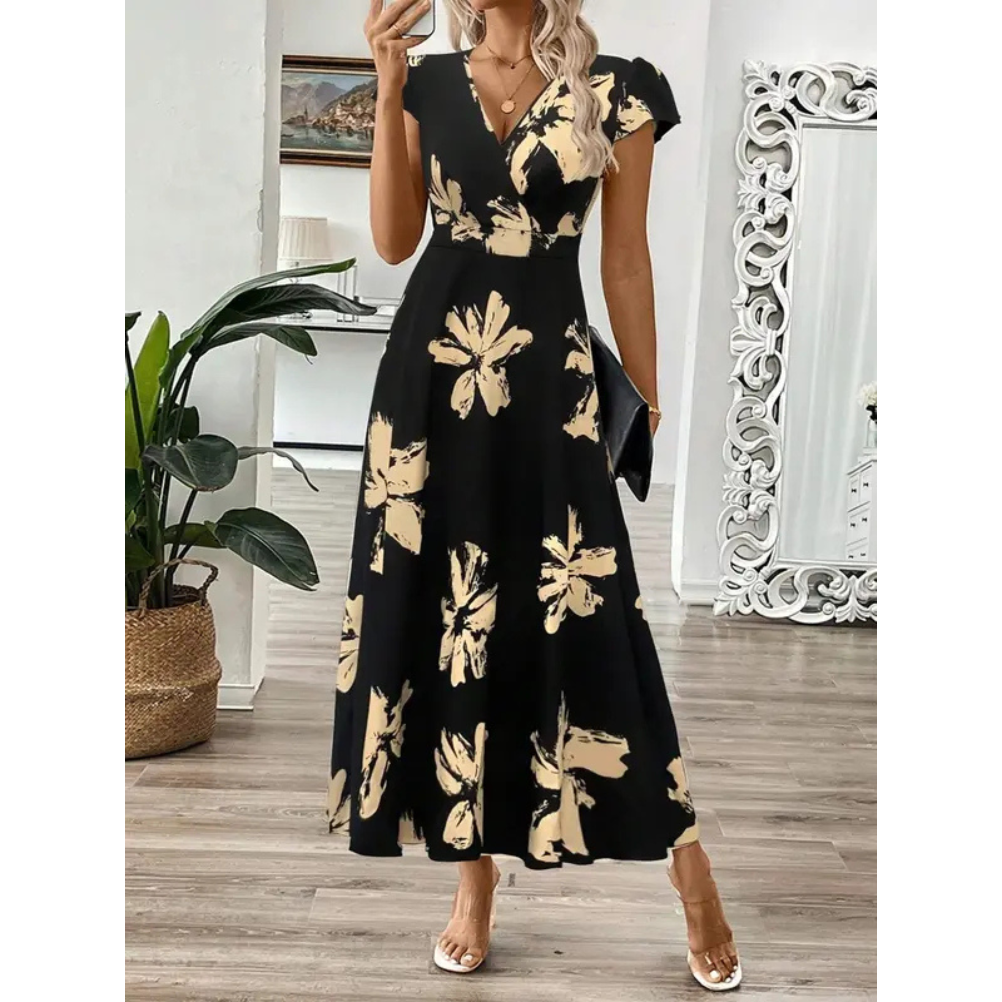 Korevyn - Women's Elegant Flowy Black and Beige Floral Print Maxi Dress