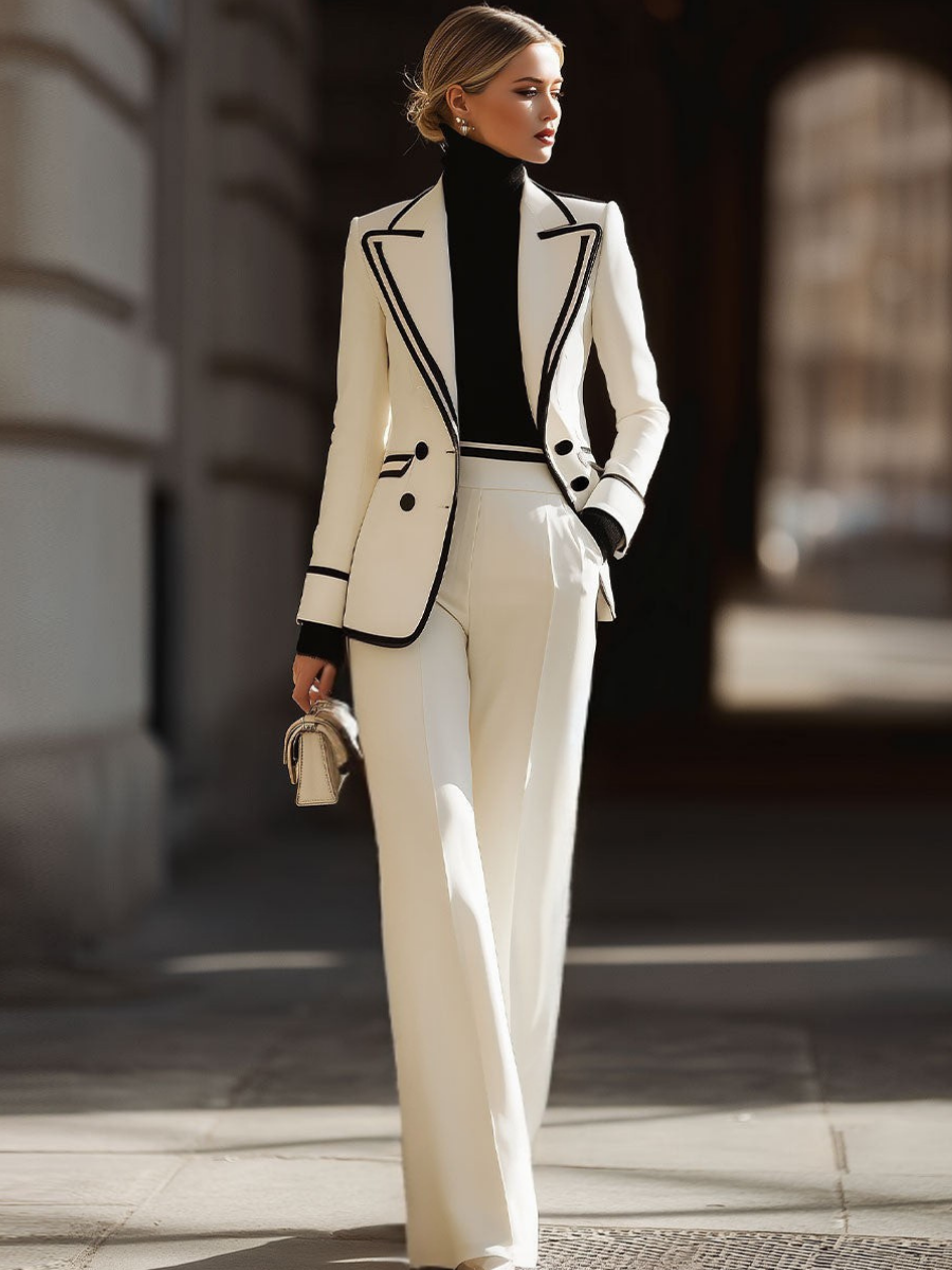 Praxine - Elegant Women's Double-Breasted Blazer and Wide-Leg Pants Suit Set