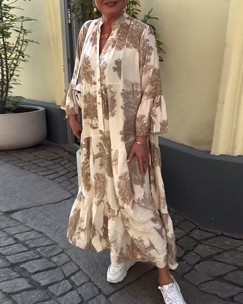 Greta - Loose Patchwork Dress with V-Neck and Printed Bell Sleeves