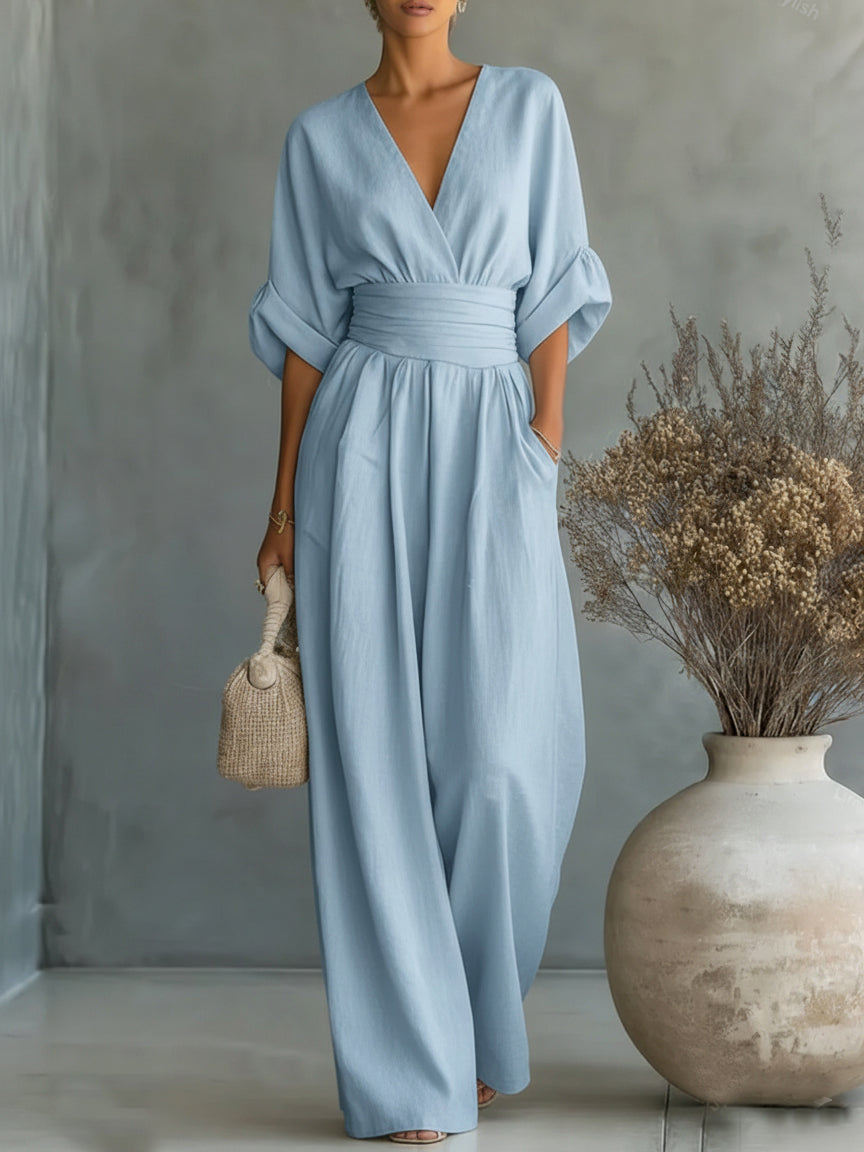 Helyrae - Women's V-Neck Jumpsuit with Defined Waist and Fluid Cut
