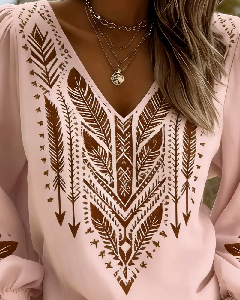 Ixavelle - Women's bohemian printed blouse with V-neck and puffed sleeves