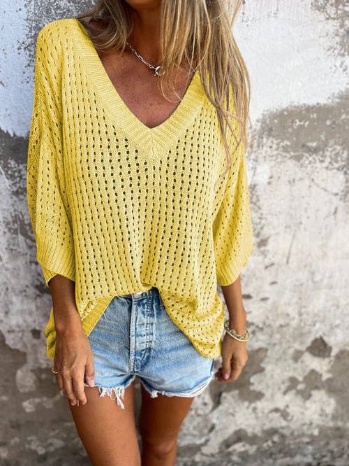Delia - V-neck knitted top with hollow pattern