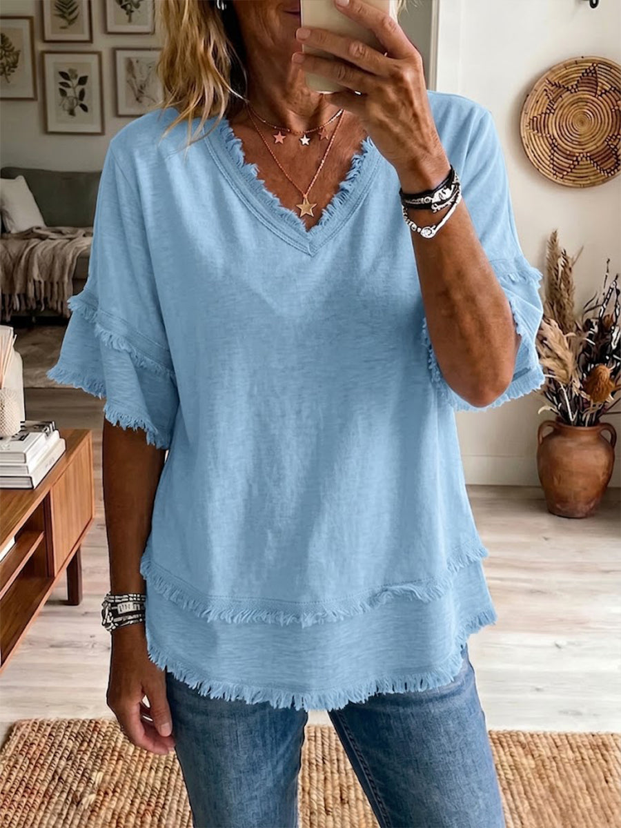 Jovrya - Women's Linen V-Neck Short Sleeve Relaxed Fit Summer Top