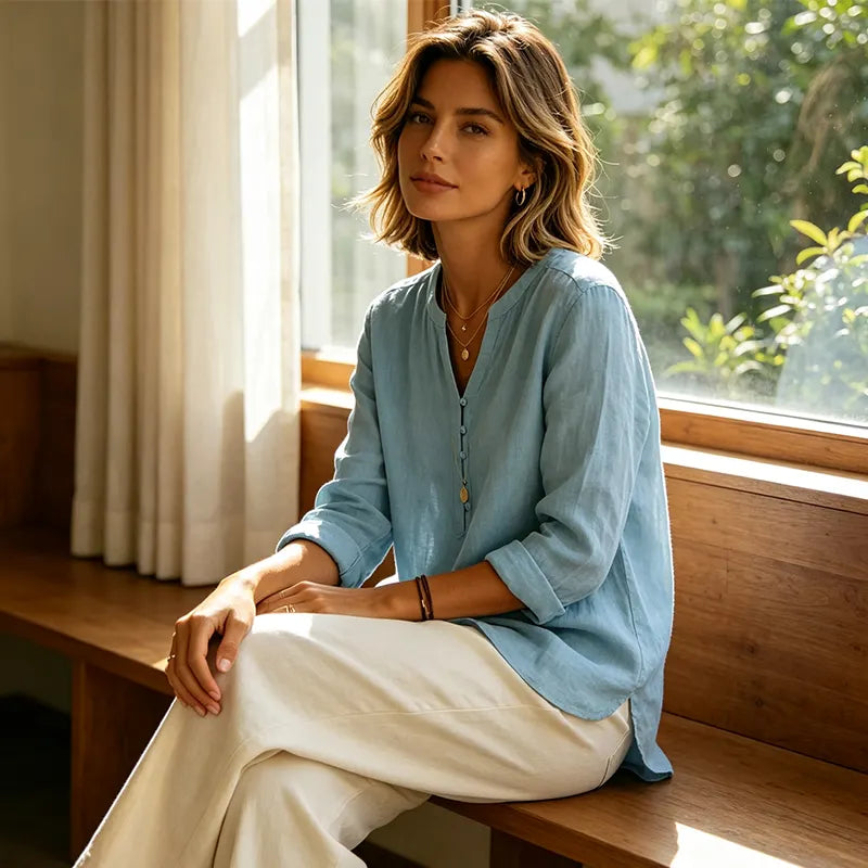 Vaelis - Women's Relaxed Fit V-Neck Shirt with Buttons