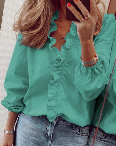 Nythera - Women's Ruffled V-Neck Lantern Sleeve Blouse
