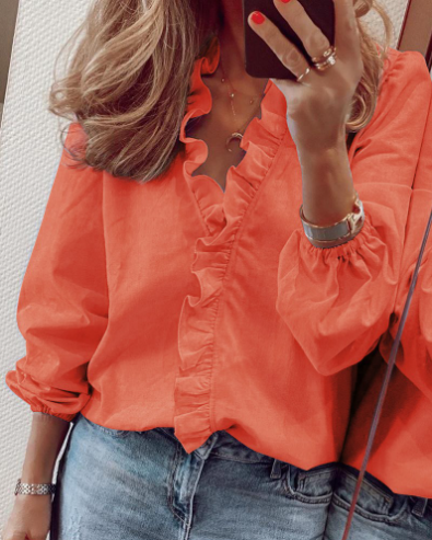 Nythera - Women's Ruffled V-Neck Lantern Sleeve Blouse