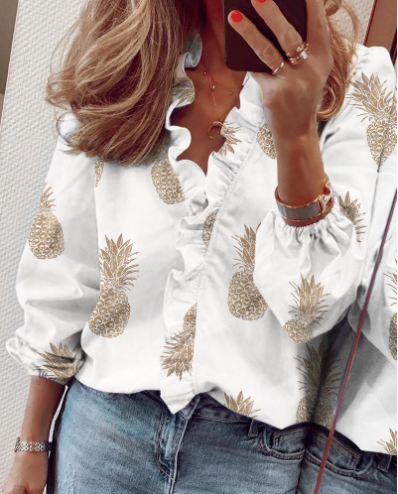 Nythera - Women's Ruffled V-Neck Lantern Sleeve Blouse