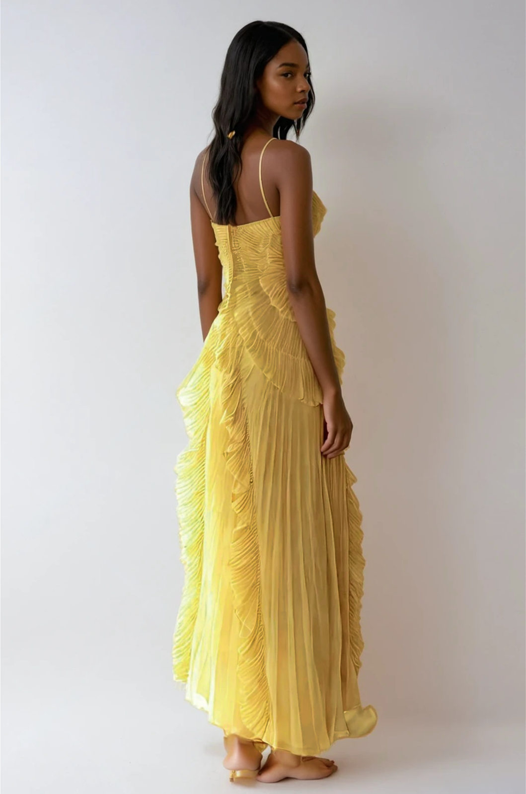 Bravielle - Women's long pleated dress with elegant asymmetric ruffles