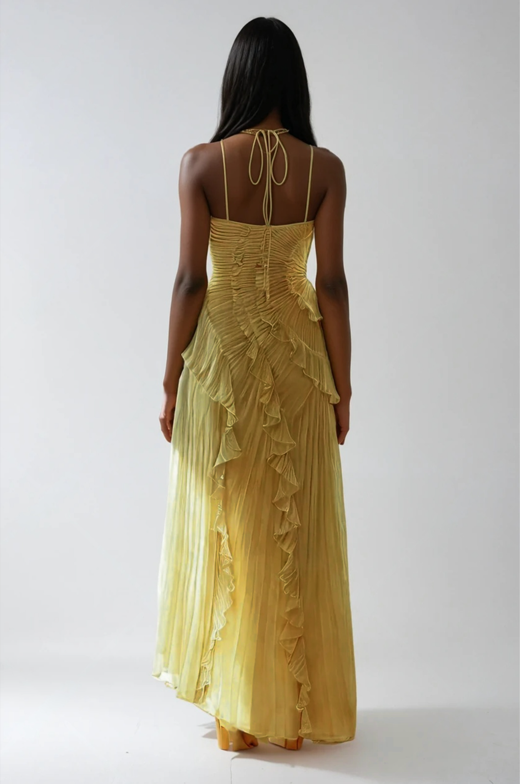 Bravielle - Women's long pleated dress with elegant asymmetric ruffles