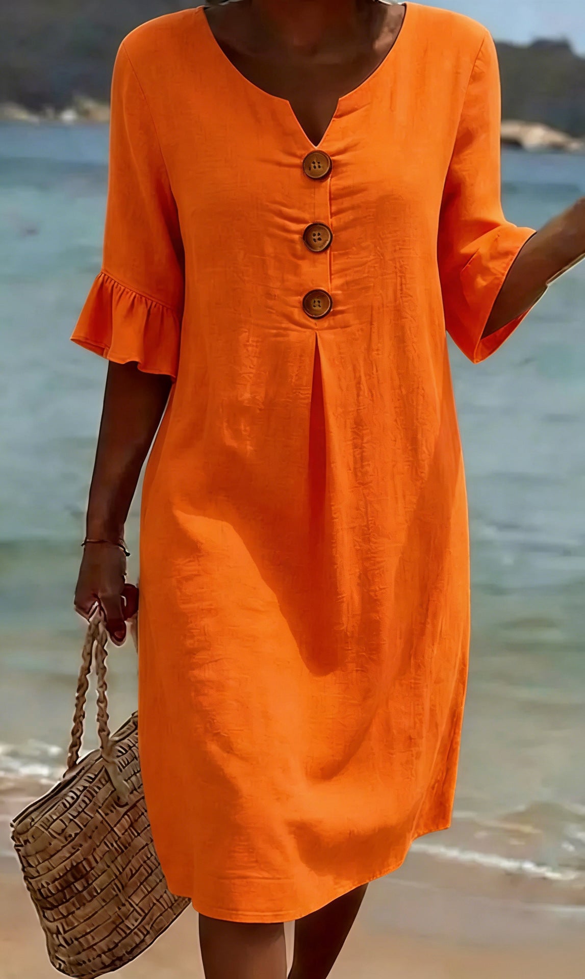 Beatrix - Women's Cotton Linen Dress Flowy Cut Buttons Flared Sleeves Elegant